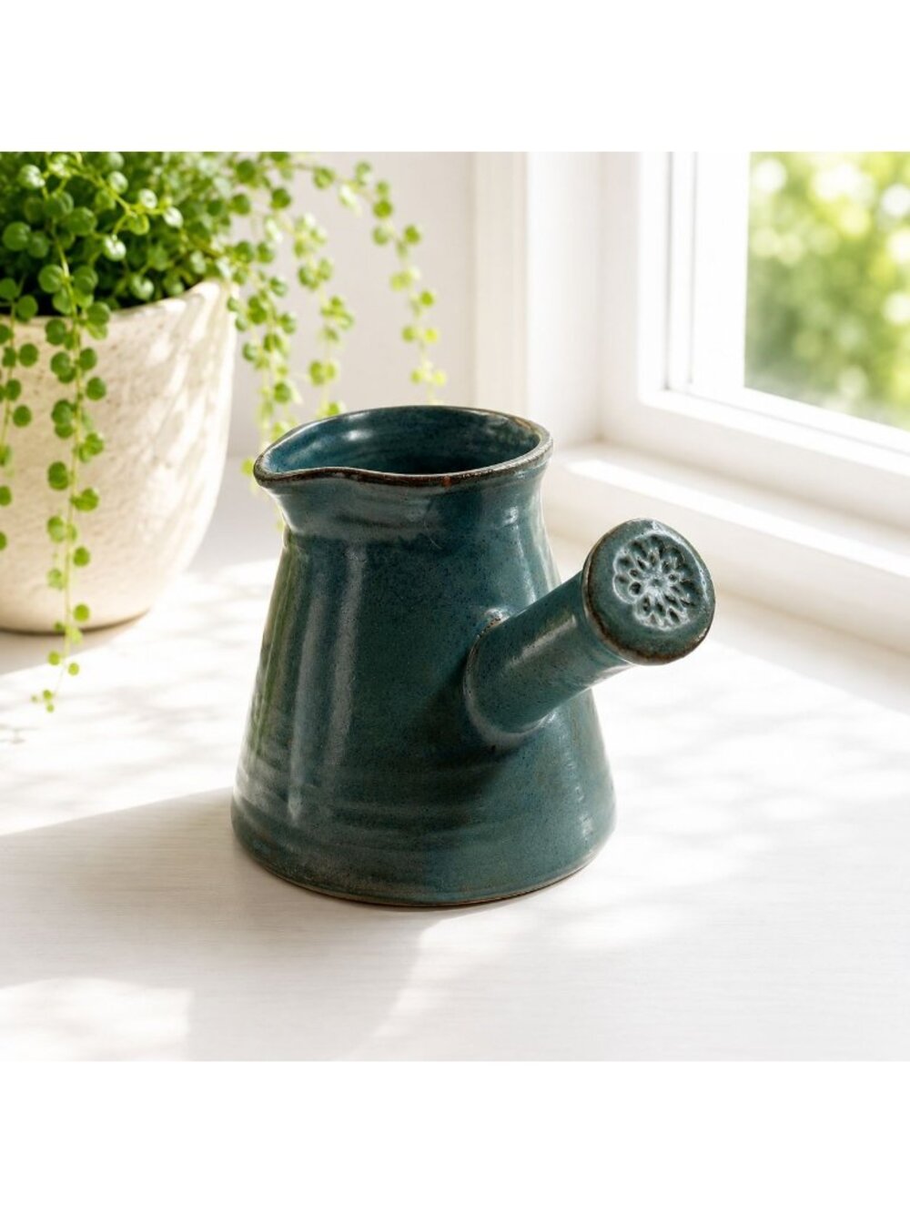 Handmade Vintage Ceramic Watering Can Green Glaze 4.5" Tall Spout Detail Signed